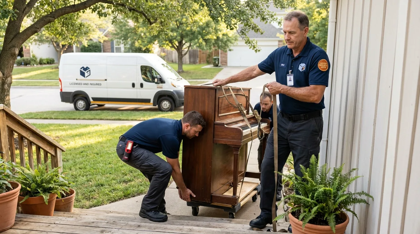 Licensed piano movers securing grand piano in Fulton, IL