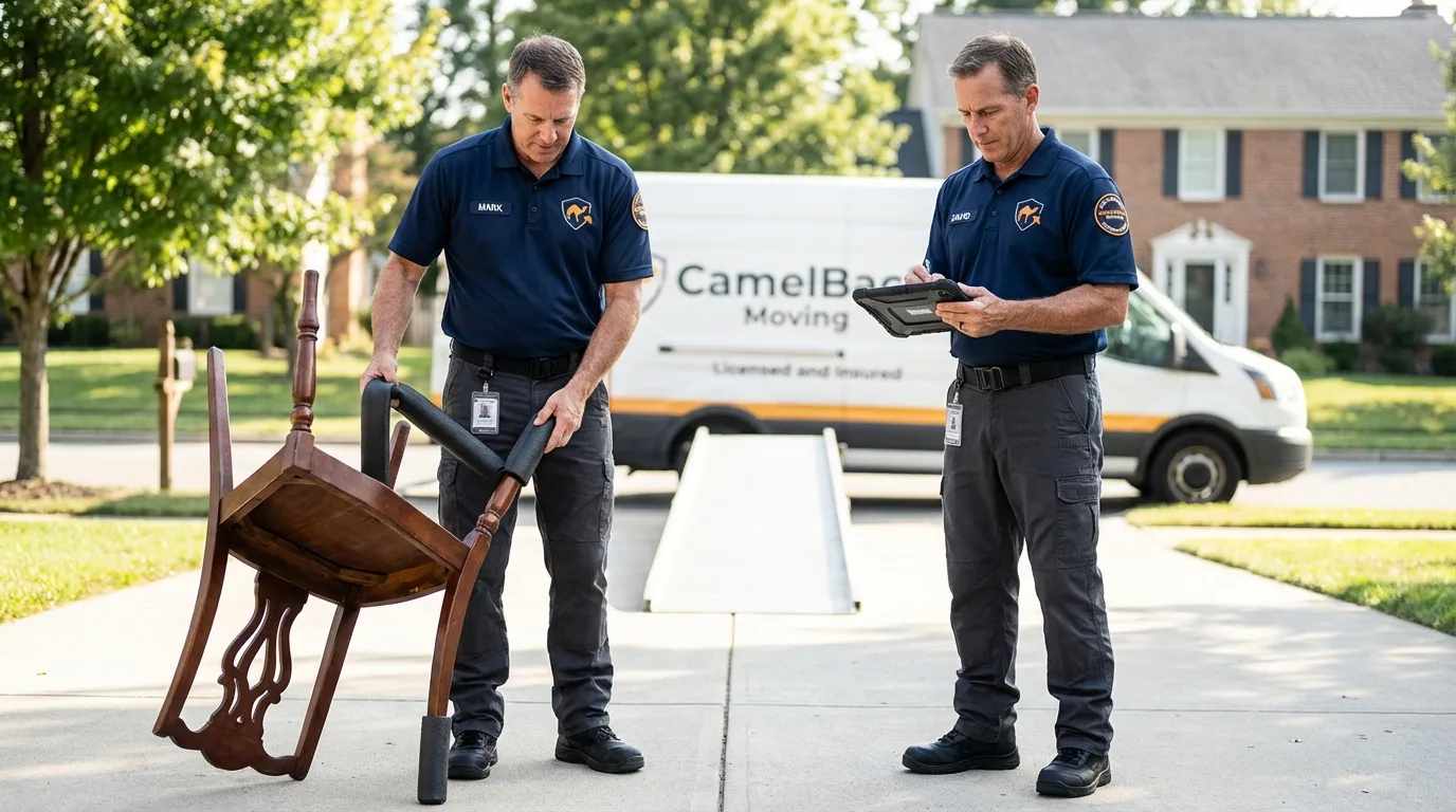 Movers inspecting furniture for damage prevention before loading in Fulton, IL
