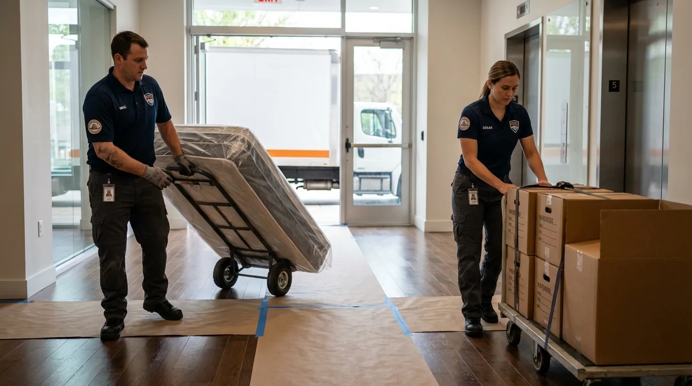 Professional apartment movers loading elevator in Fulton, IL