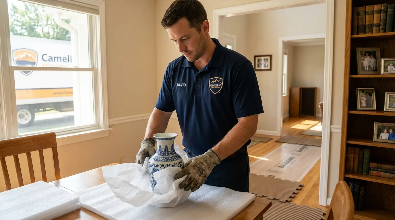 Professional crew carefully wrapping antique vase for senior downsizing move in Fulton, IL