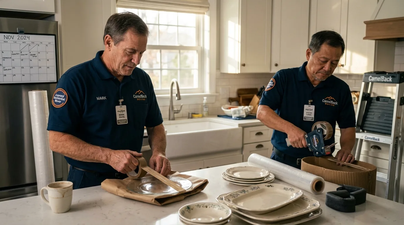 Professional crew packing kitchen dishware in Fulton, IL